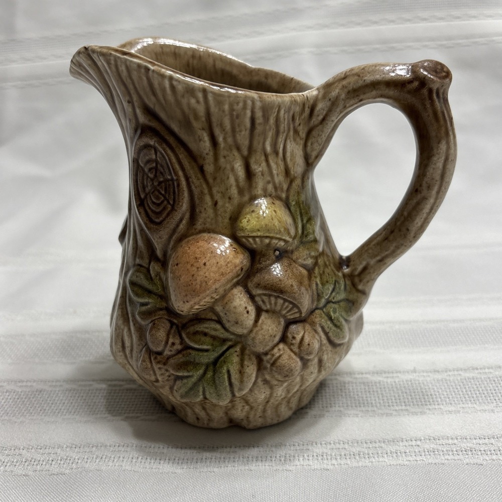Vintage Pottery Tree Stump Bark Merry Mushrooms Pitcher